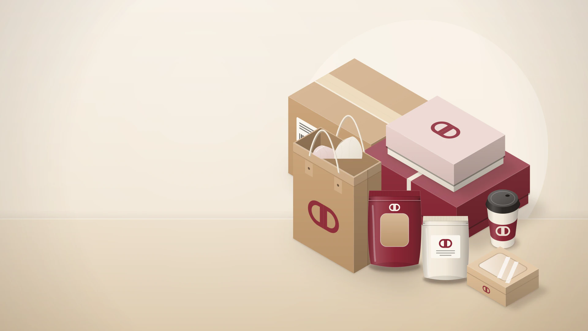 Assorted custom packaging: shipping carton, rigid gift box, paper bag, pouches, cup and food box