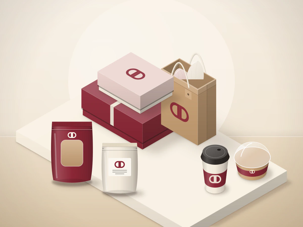 A two-level display of sample packaging in the showroom